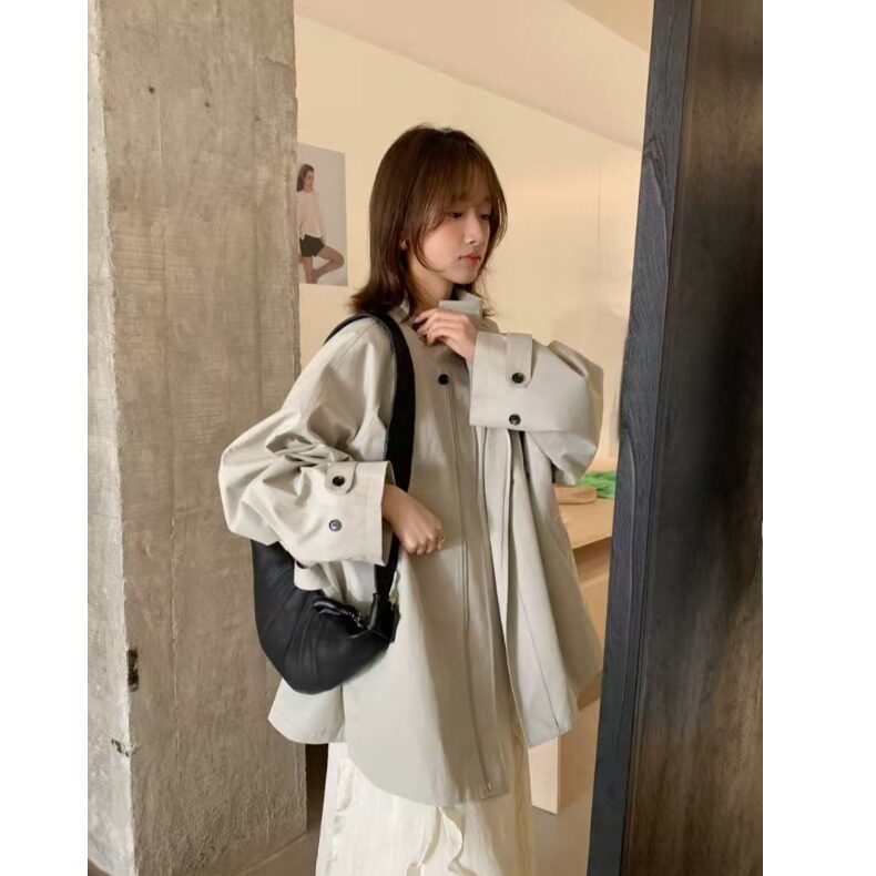 韩系chic2026秋季慵懒风宽松立领宽松大码高级感夹克短风衣外套女