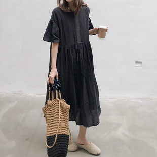 2026夏新日系大码女装胖MM复古学院风棉麻亚麻短袖裙子宽松连衣裙