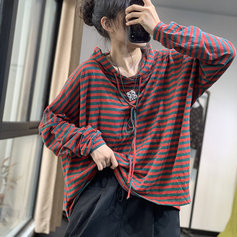 胖MM彩色条纹卫衣大码女装2025秋宽松休闲抽绳减龄纯棉连帽T恤衫