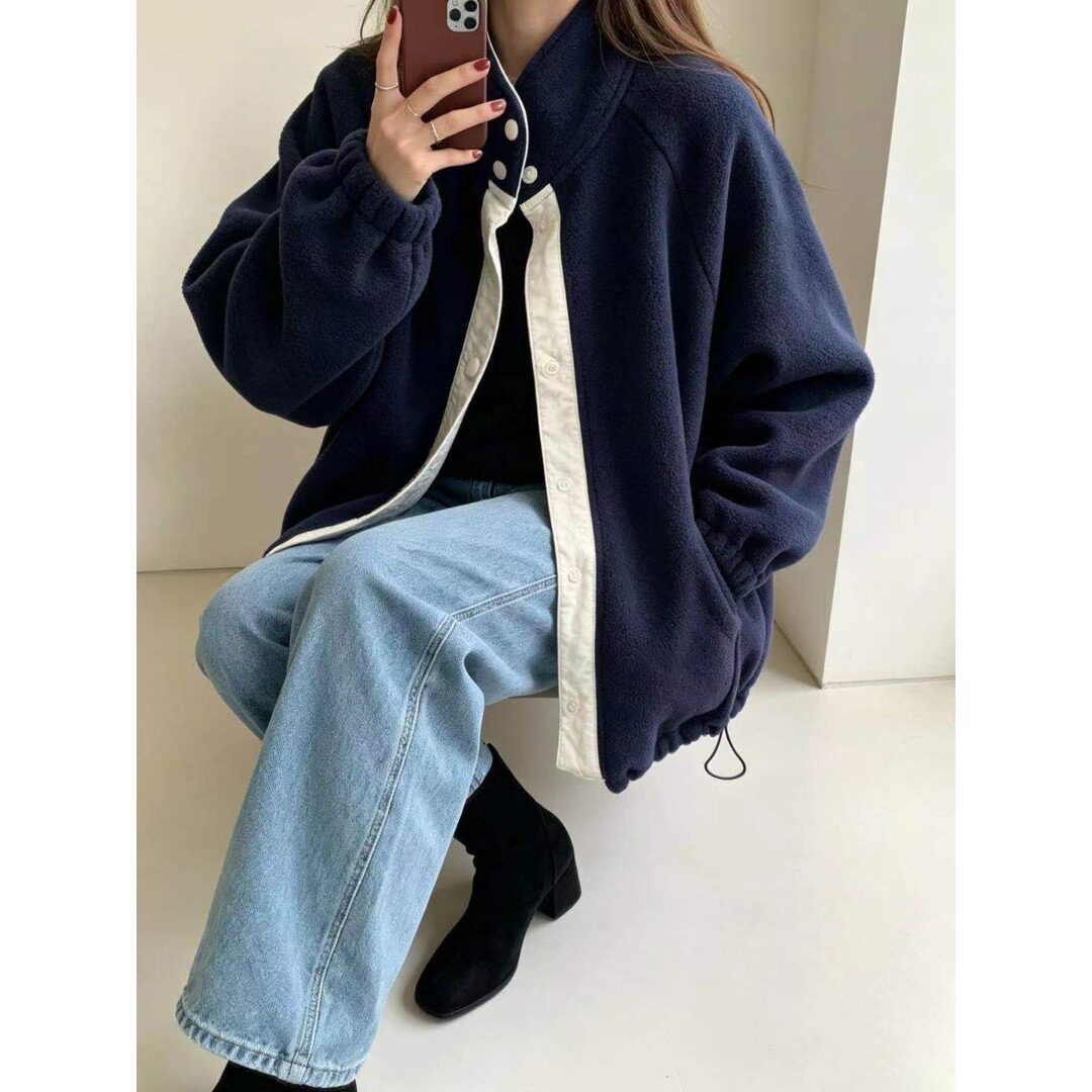 韩国chic休闲宽松摇粒绒拼色开衫卫衣夹克外套女2026秋季新品女