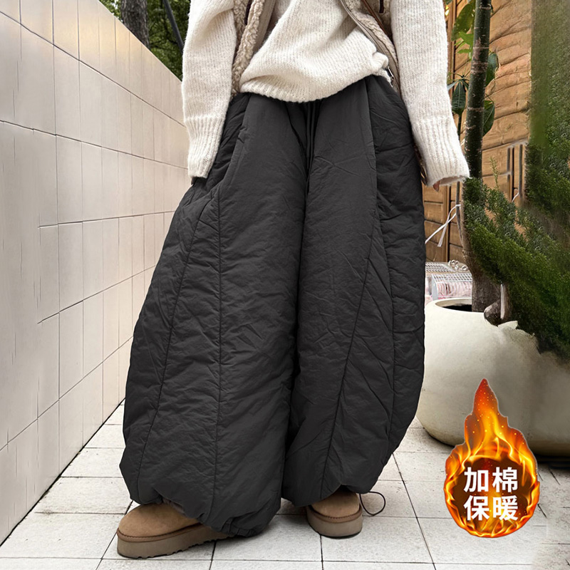 日系冬季新款大码女装胖MM加棉厚抽绳休闲裤宽松阔腿弯刀气球棉裤