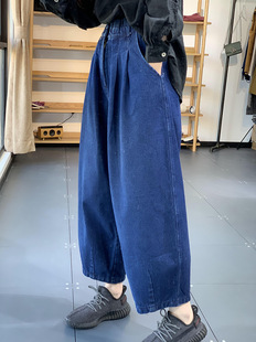 学生牛仔灯笼裤 宽松胖mm大码 复古港味褶皱老爹裤 200斤日系宽腿裤