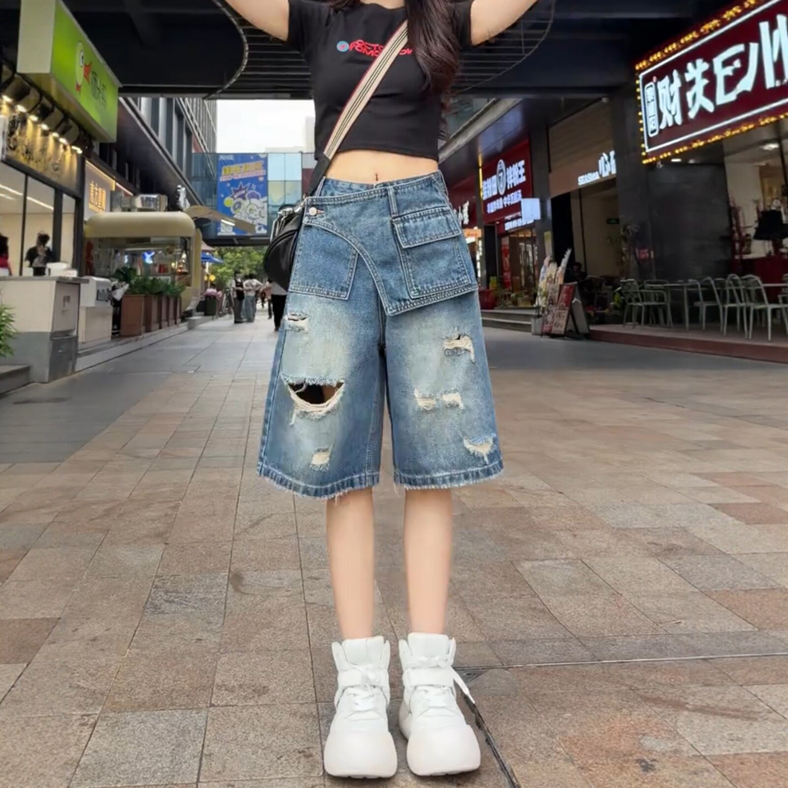 2026夏季高腰破洞直筒身材显瘦百搭宽松五分牛仔裤女大码胖mm裤