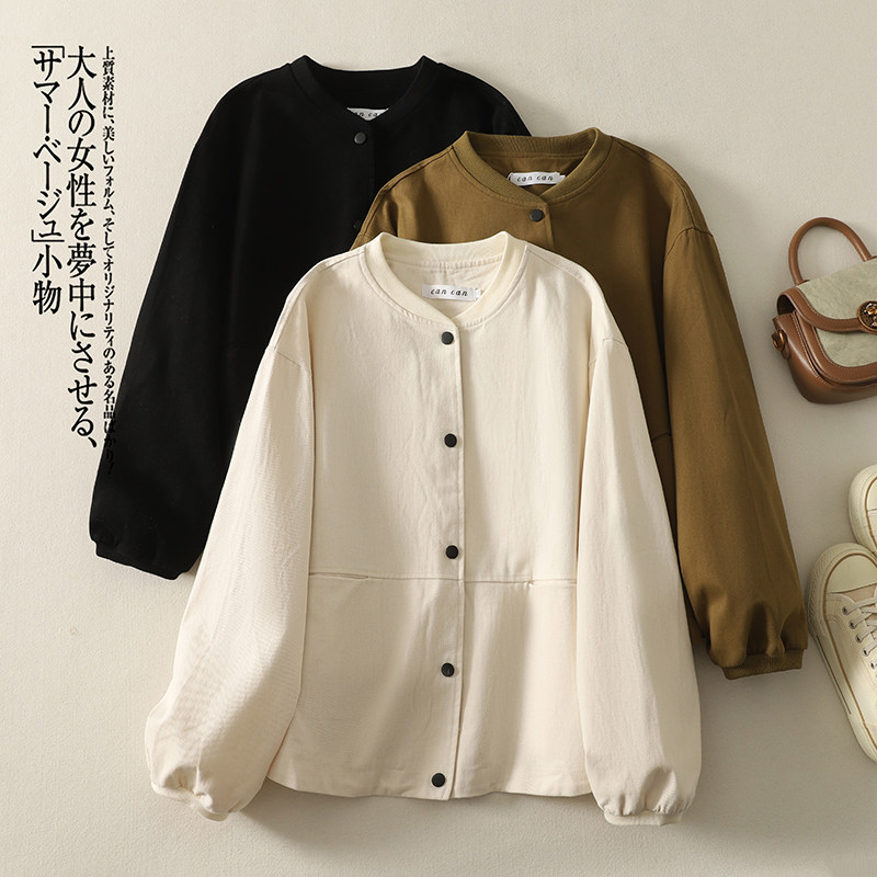 工装棒球服外套女短款宽松胖MM春秋装大码棉质立领双口袋外穿夹克