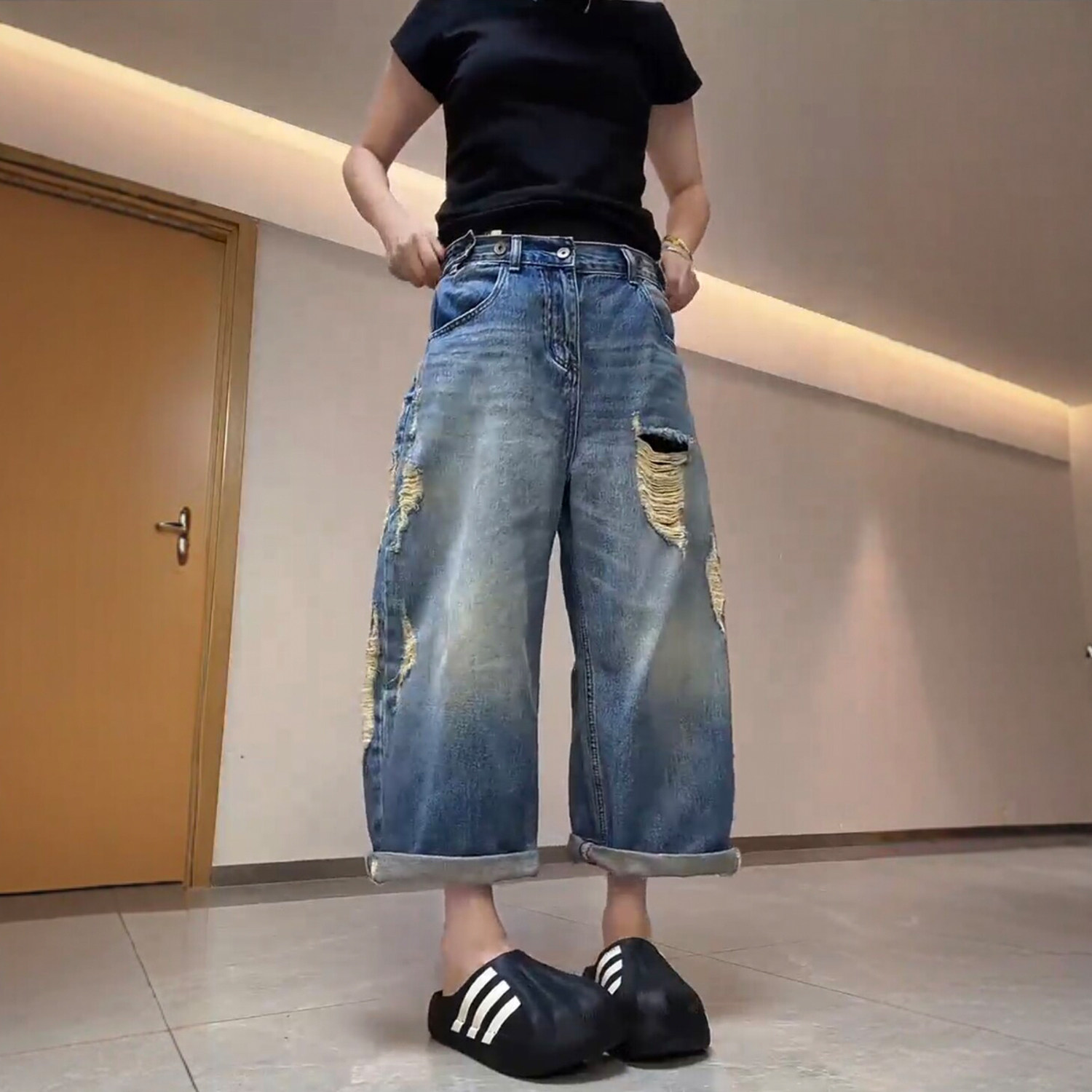 2026新款夏季薄款美式胖MM破洞显瘦高腰宽松九分阔腿牛仔裤女大码