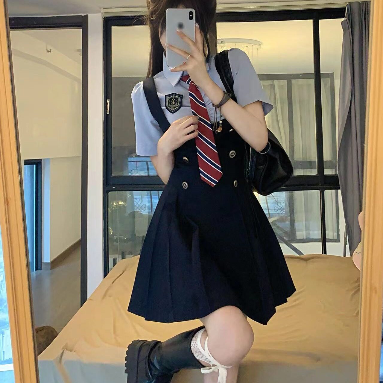 实拍 江原女高jk制服学院风显瘦收腰短袖长衬衫绀色连衣裙套装