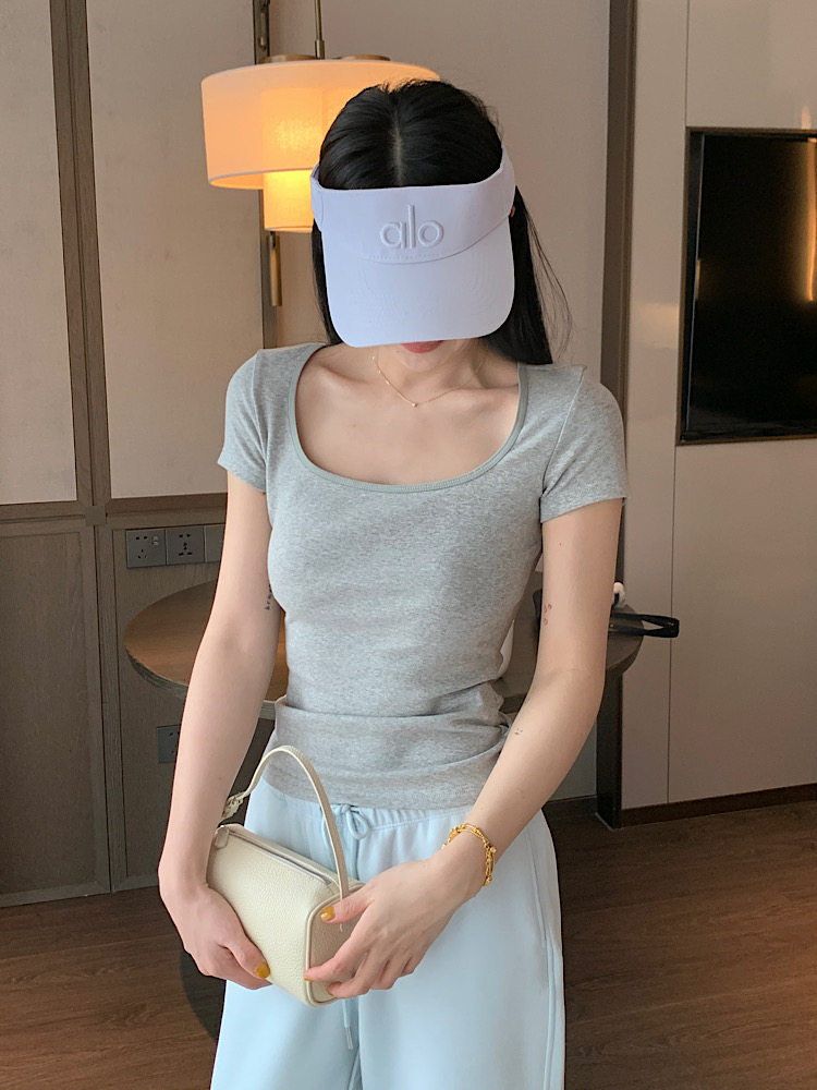 thumbnail for OOKSTUDIOS multi-color short-sleeved T-shirt solid color straight-shouldered U-neck short-sleeved girl summer hot girl slimming and versatile slim top