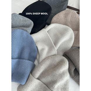 雾感~100%澳洲纯羊毛针织帽女冬季百搭冷帽显脸小保暖毛线帽子男