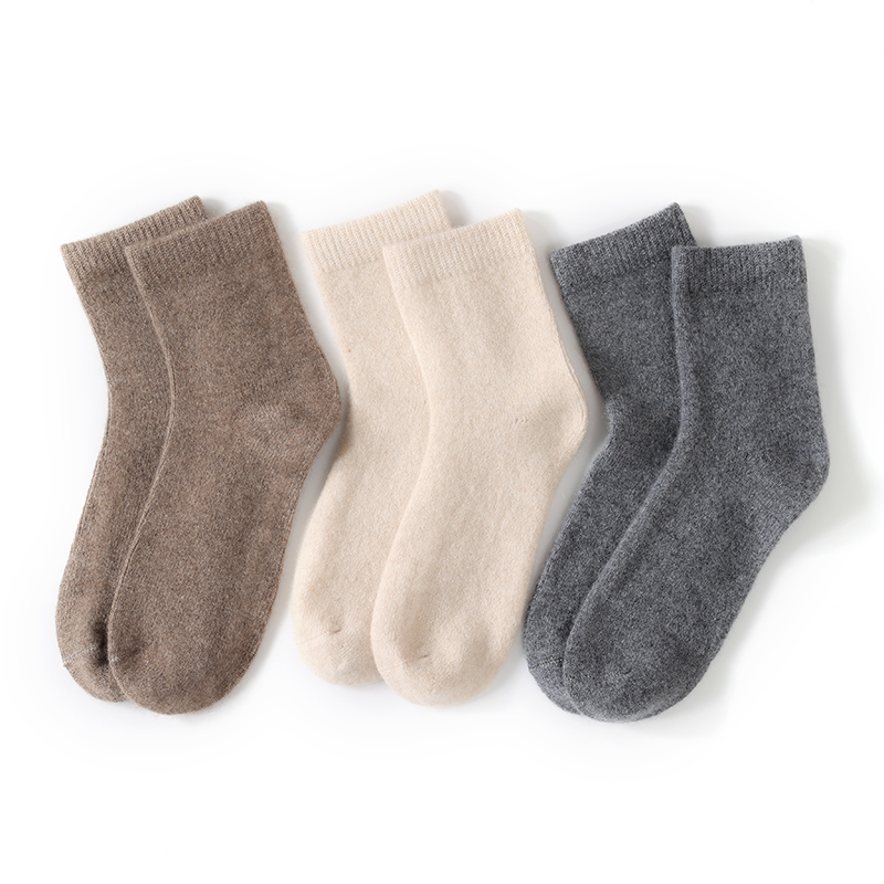 100%纯山羊绒袜子加厚男女中筒袜秋冬保暖吸汗纯色针织毛袜家居袜