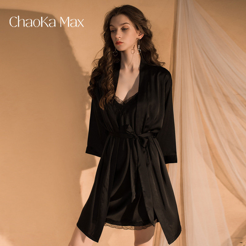 ChaoKa Max 新款性感V领蕾丝睡裙女夏季冰丝系带家居服两件套套装