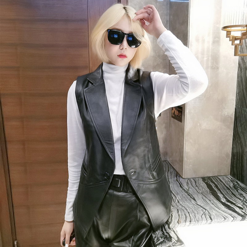 欧洲站皮衣无袖翻领修身马夹