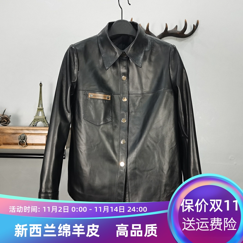 欧洲站衬衫领修身显瘦真皮皮衣