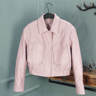 陈太太同款粉色复古真皮绵羊皮皮衣女2025秋季新款高腰夹克短外套