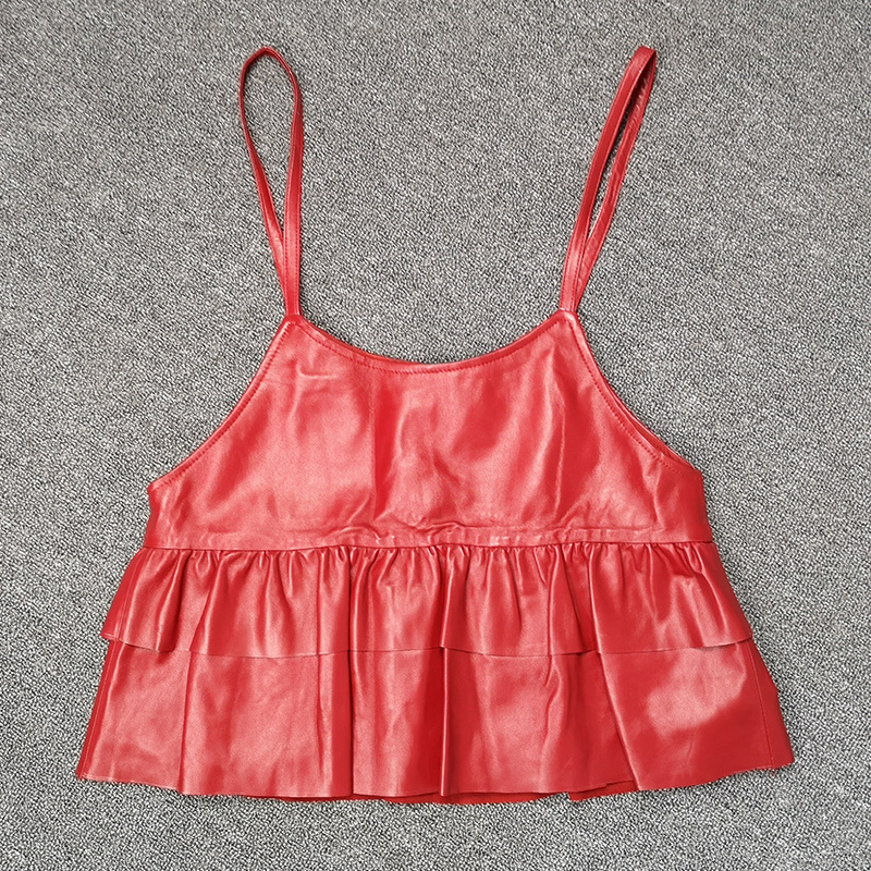 欧洲站小吊带褶皱背心无袖皮衣