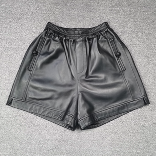 A字热裤 2026春季 阔腿裤 女高腰绵羊皮开衩休闲短裤 真皮皮裤