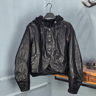 真皮复古连帽油蜡牛皮皮衣女2026春季 休闲宽松夹克短外套 新款