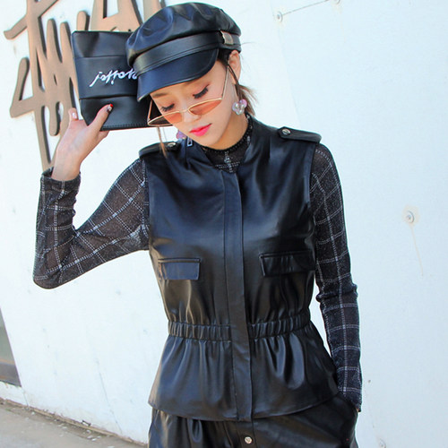 无袖女真皮百搭收腰韩版短款马甲