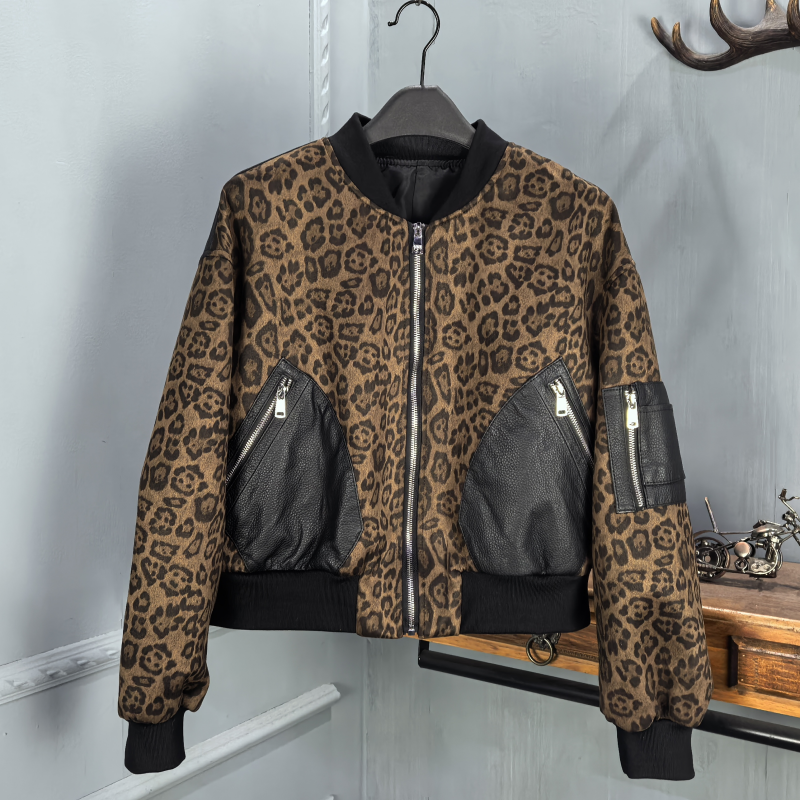 2025秋季新款真皮立领绵羊皮皮衣女休闲宽松棒球服拼接短款外套