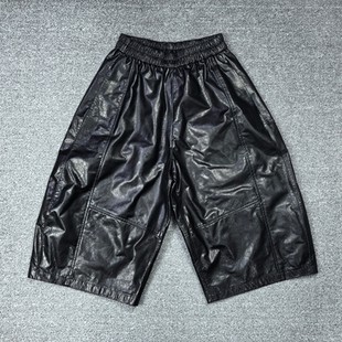 七分裤 2026春季 女松紧腰牛皮油蜡宽松休闲阔腿裤 真皮皮裤 百搭 新款