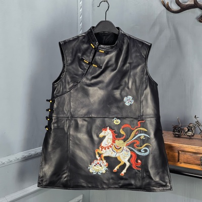 2026春季新款中式真皮绵羊皮立领连衣裙女刺绣中长款宽松新年战袍