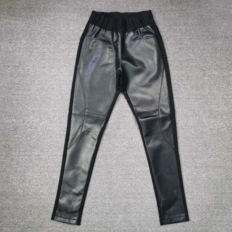 真皮皮裤弹力松紧腰绵羊皮拼接小脚裤女2026春季新款铅笔裤显瘦