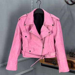 减龄短款 真皮皮衣女绵羊皮时尚 机车夹克粉色外套 新款 海宁2026春季