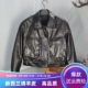 陈太太真皮油蜡皮方领短款 黑色机车夹克女大口袋宽肩高腰宽松外套