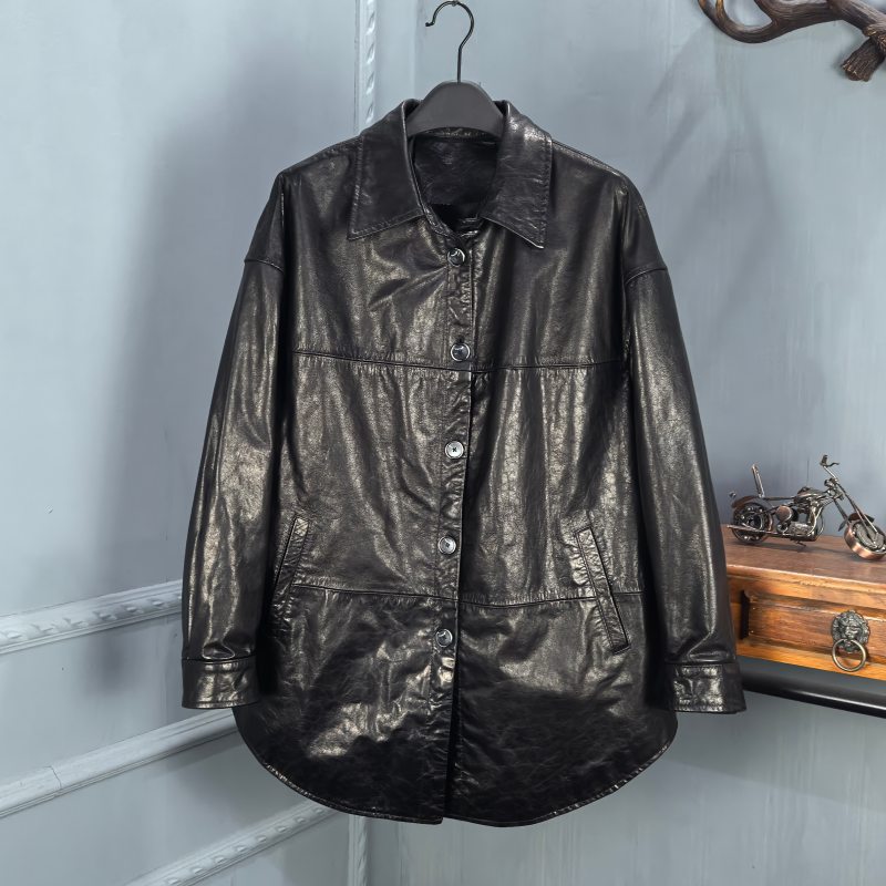 2025秋季新款真皮皮衣女休闲宽松复古男友风中长款外套高级感牛皮