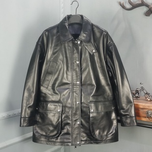 2025春季新款皮衣女翻领中长款绵羊皮休闲宽松外套陈太太同款