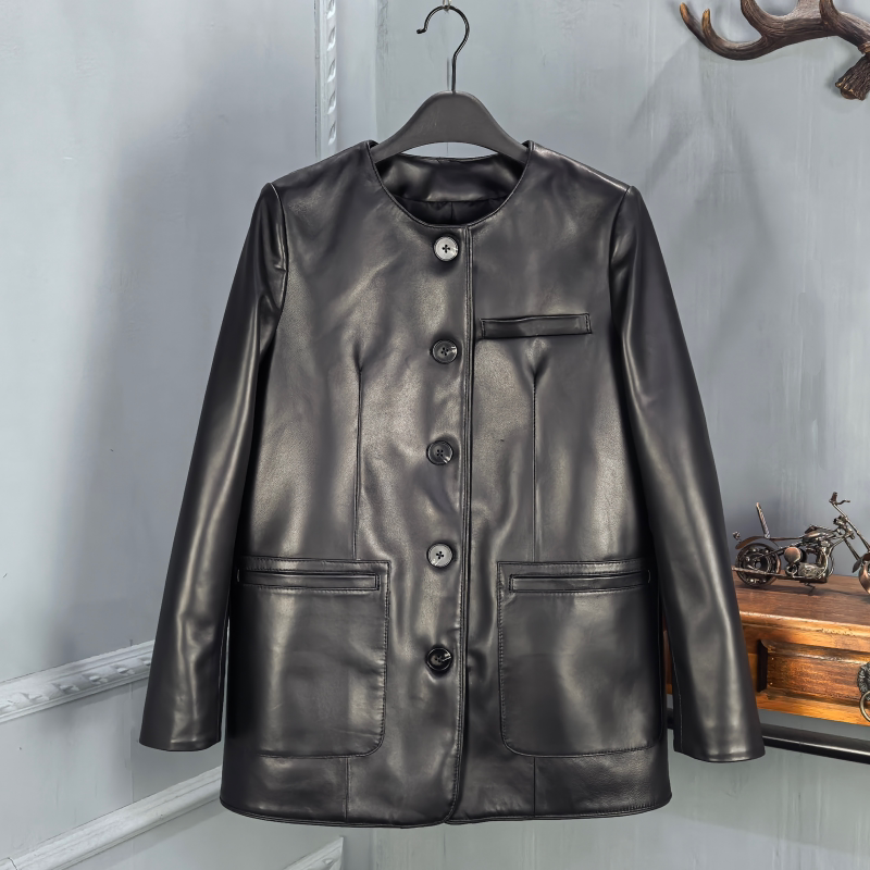 欧洲站2026秋季新款真皮圆领绵羊皮皮衣女中长款黑色赫本宽松外套
