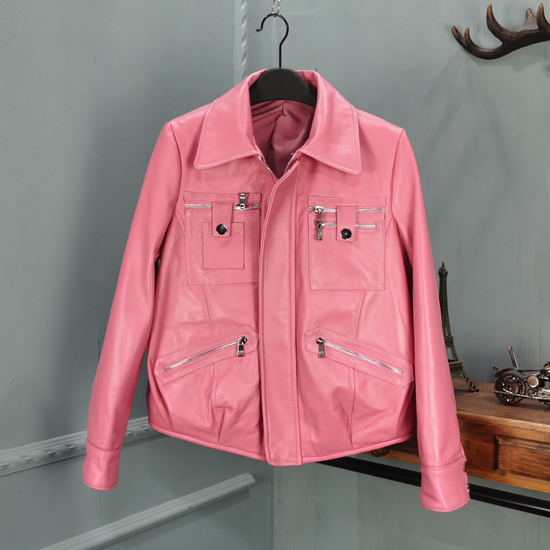 2024早春新款真皮皮衣女粉色拉链绵羊皮短款皮夹克修身百搭