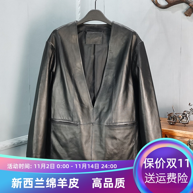 高品质宽松显瘦大V领真皮皮衣