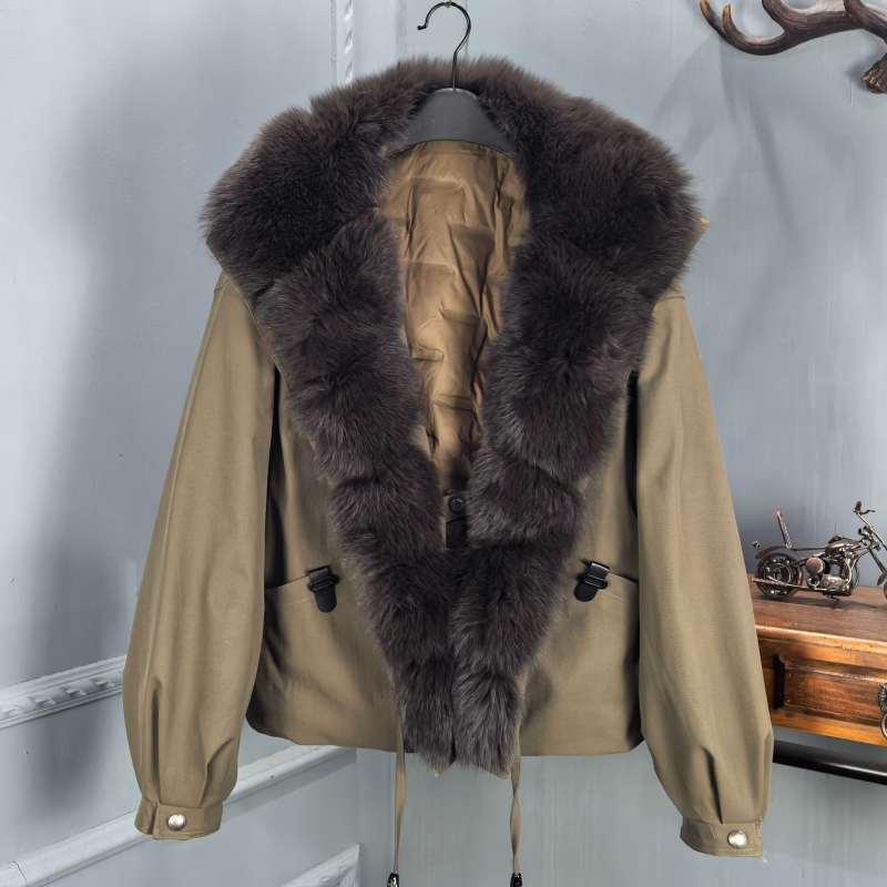 海宁2025冬季新款羽绒服女鹅绒短款狐狸毛领派克服时尚皮草可拆卸