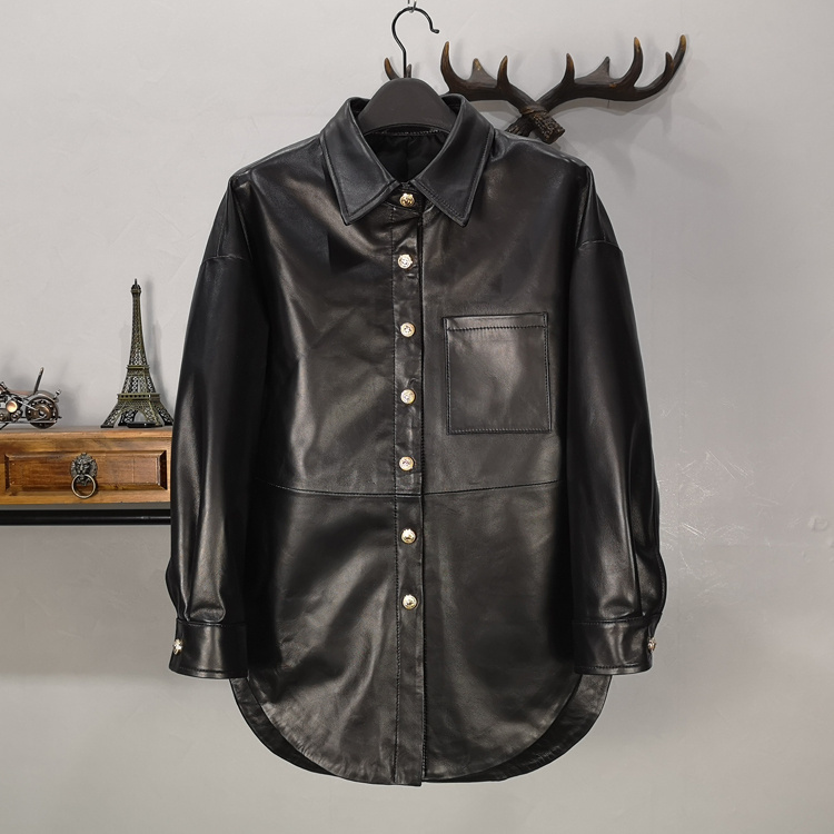秋季衬衫显瘦休闲长款真皮皮衣