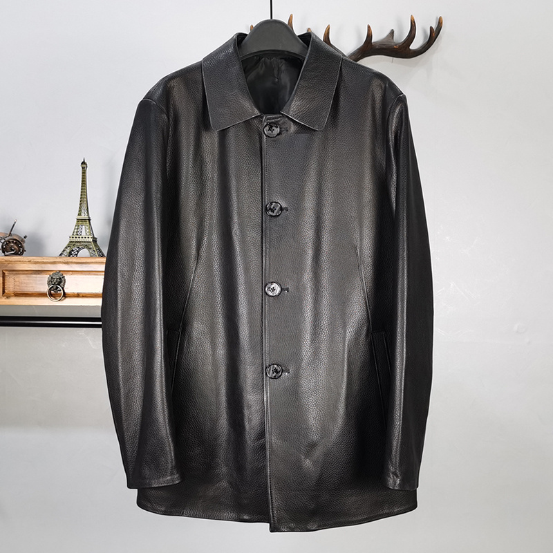 海宁中长款翻领修身男士真皮皮衣