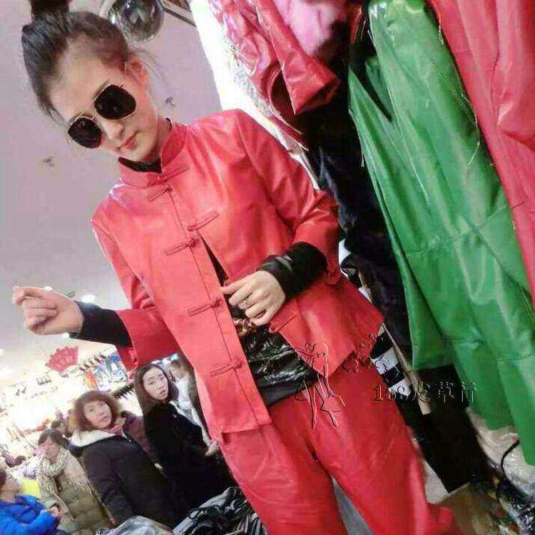 欧洲站2026秋季新款复古唐装真皮皮衣女短款七分袖绵羊皮修身外套