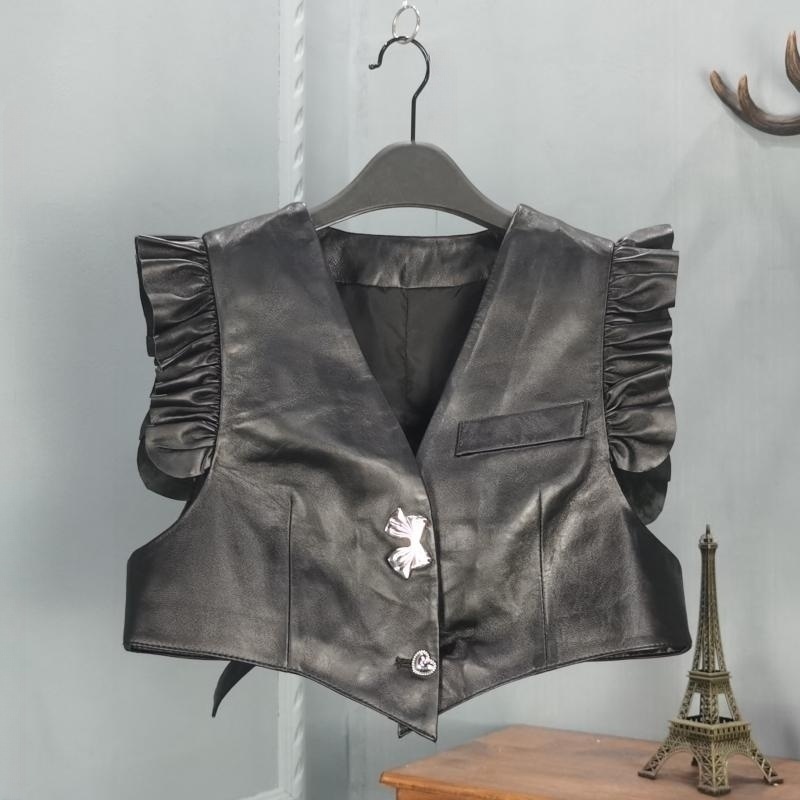时尚洋气真皮马夹女绵羊皮V领荷叶边两粒扣短款马甲气质百搭背心