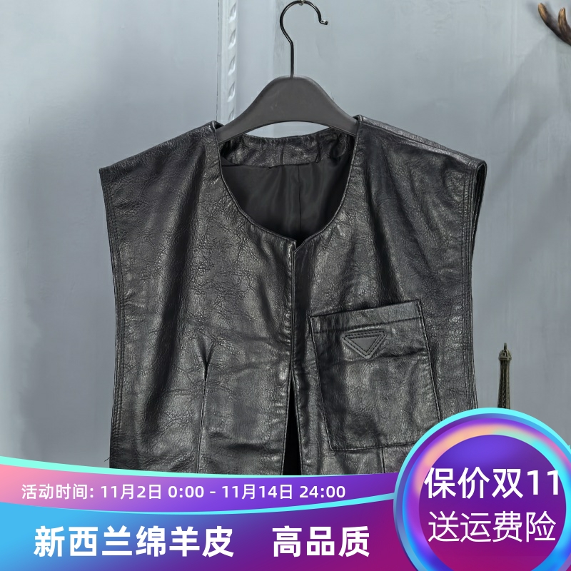 2025秋季新款真皮圆领绵羊皮马夹女无扣短款无袖坎肩修身百搭背心