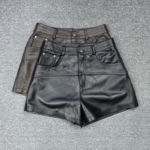 休闲时尚百搭真皮短裤女高腰绵羊皮阔腿裤2025秋季新款显瘦靴裤