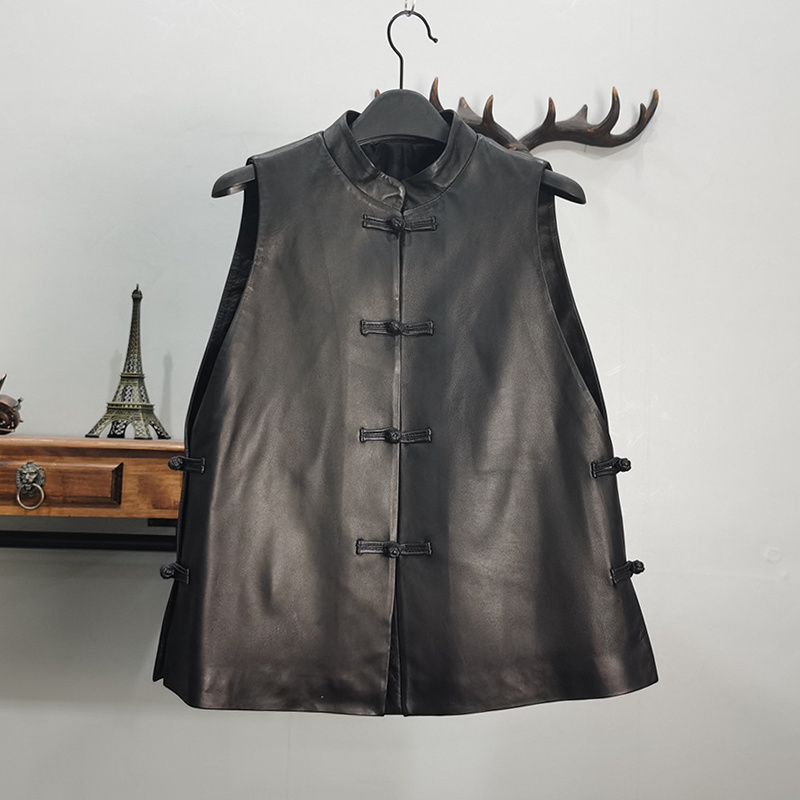 欧货2025秋季新款真皮马甲女绵羊皮唐装宽松显瘦马夹中国风休闲款