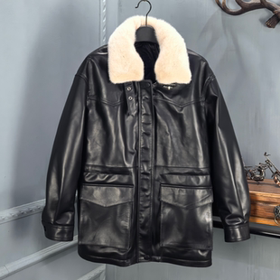 海宁2026冬季新款真皮羽绒服女羊羔毛领鹅绒外套中长款显瘦夹克