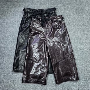 直筒裤 女高腰系带休闲宽松七分裤 真皮绵羊皮皮裤 2026冬季