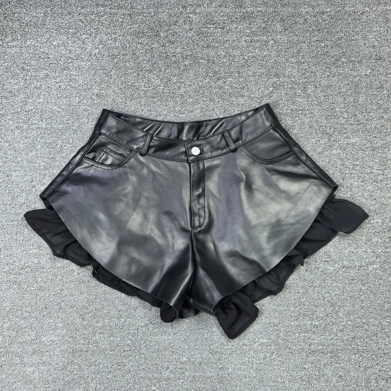 2025秋冬新款真皮皮裤女绵羊皮高腰短裤拼接双层纱木耳边阔腿裤