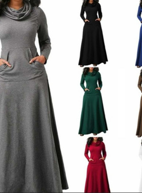 Solid color patchwork pocket scarf long dress 纯色口袋连衣裙