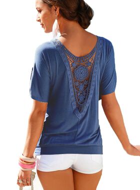 Spliced Lace Round Neck T-shirt women女士拼接褛空花边圆领T恤