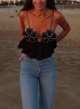 Black flower sleeveless suspender women 女士黑色花朵无袖吊带