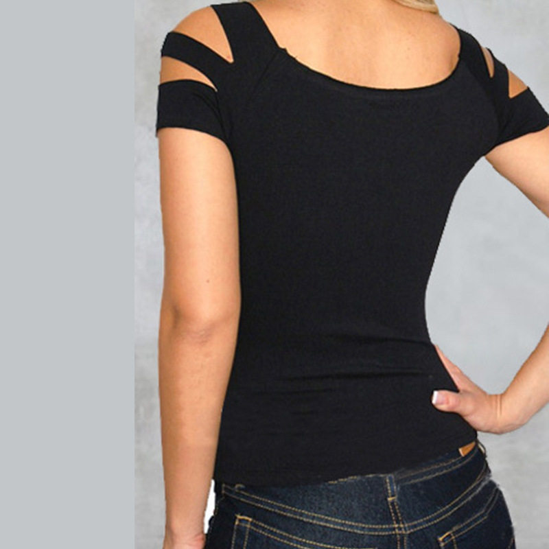 Perforated One Shoulder Hollow T-shirt 女士破洞一字肩镂空T恤