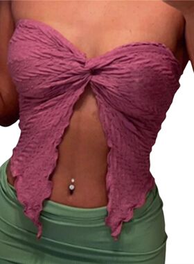 Solid color pleated slim fit short top纯色褶皱修身短款上衣女