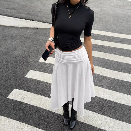 高腰纯色修身百褶半身裙女