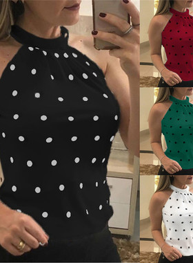 polka dot print halterneck slim-fit vest波点印花挂脖修身背心